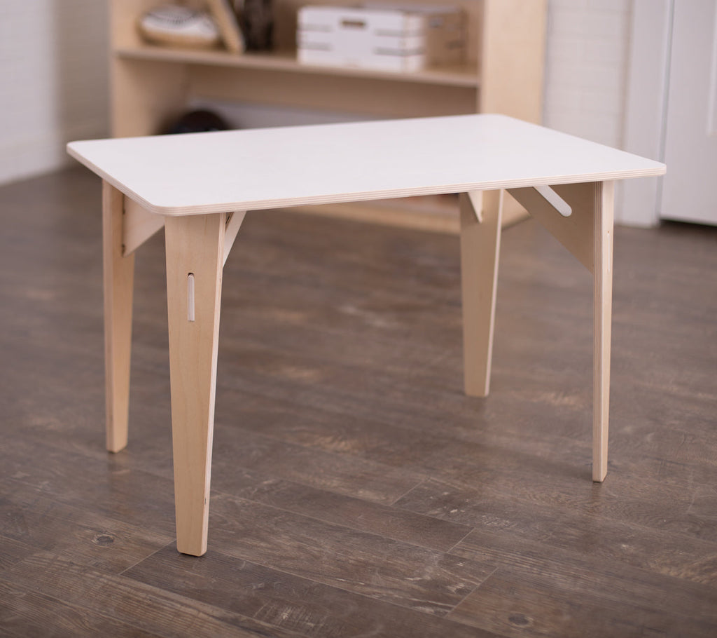 20x20in white laminate rectangular table, 22in high legs.