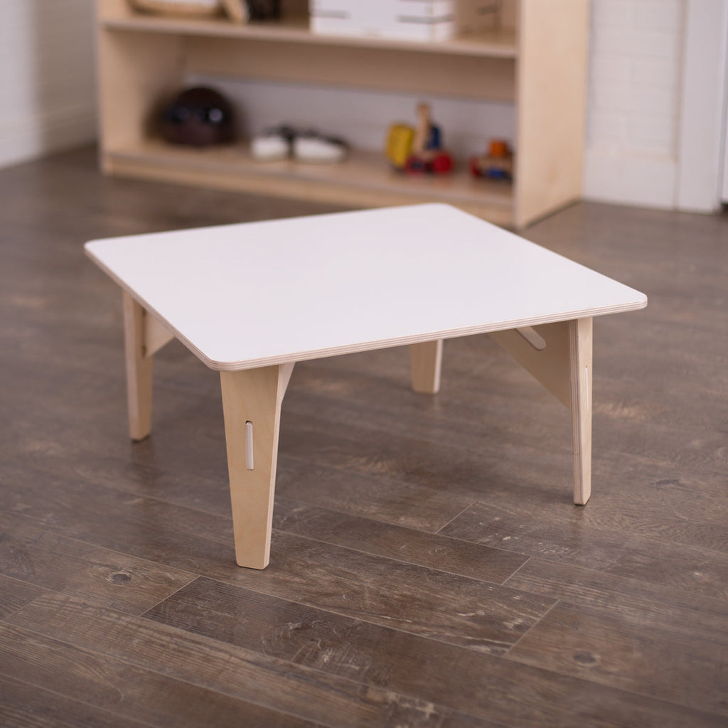 20x20in white laminate rectangular table, 14in high legs.