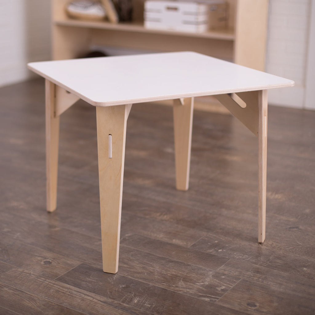 20x20in white laminate rectangular table, 25in high legs.