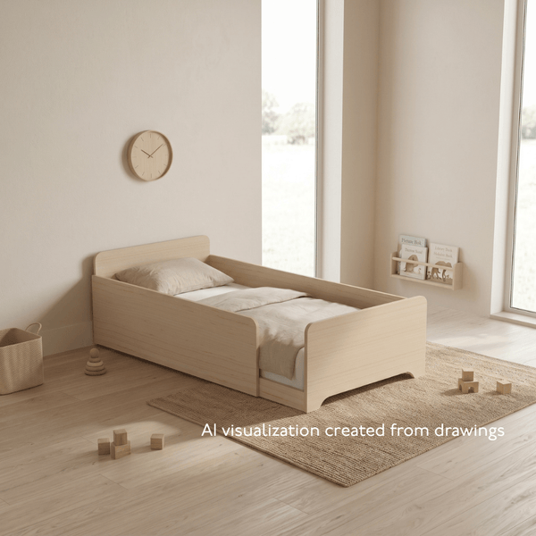 A light natural wood children's bed with built-in side rails, styled in a minimalist, sunlit room with a woven rug, wooden toys, and a wall clock.