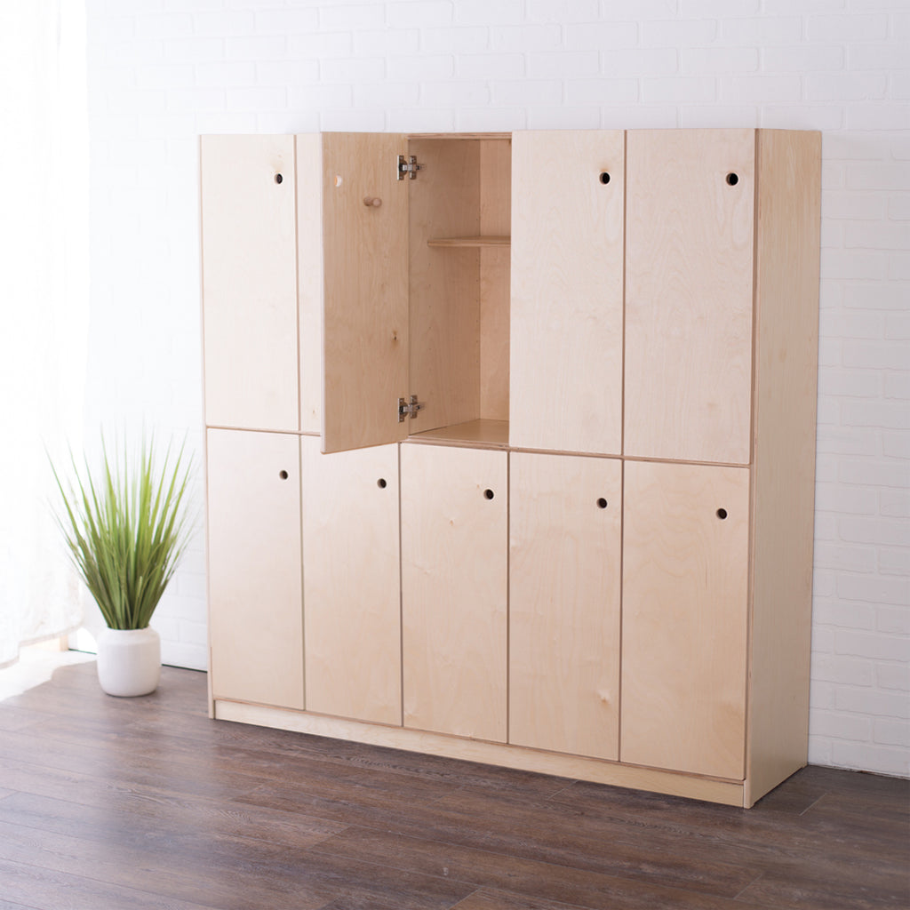 Wooden 2x5 locker storage in a studio setting