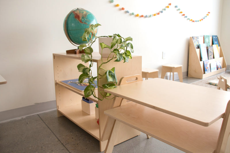 A Shelf and Chowki Tables in a Montessori Classroom
