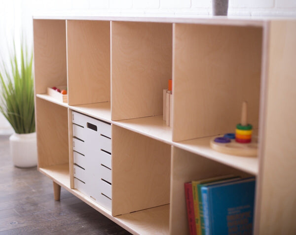 Close-up photo showing materials on a cube shelf