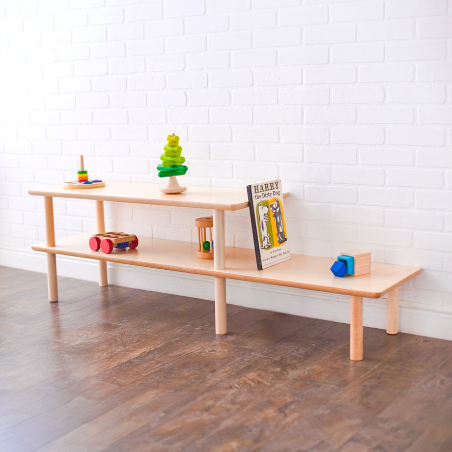 A low configuration of the Luce open shelving to show how it is accessible for small children