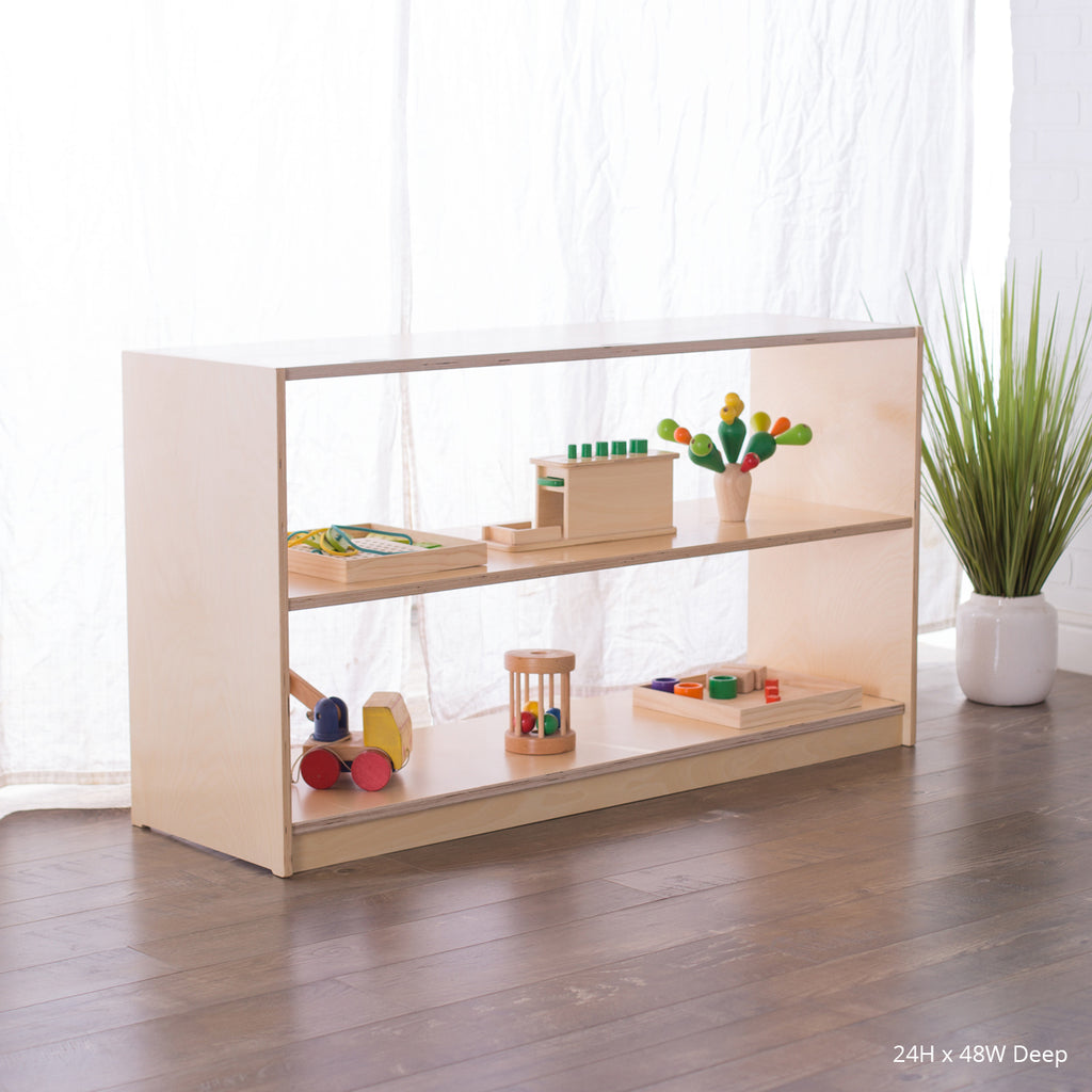 24 inches high 48 inches wide deep variation of the school montessori open back shelving