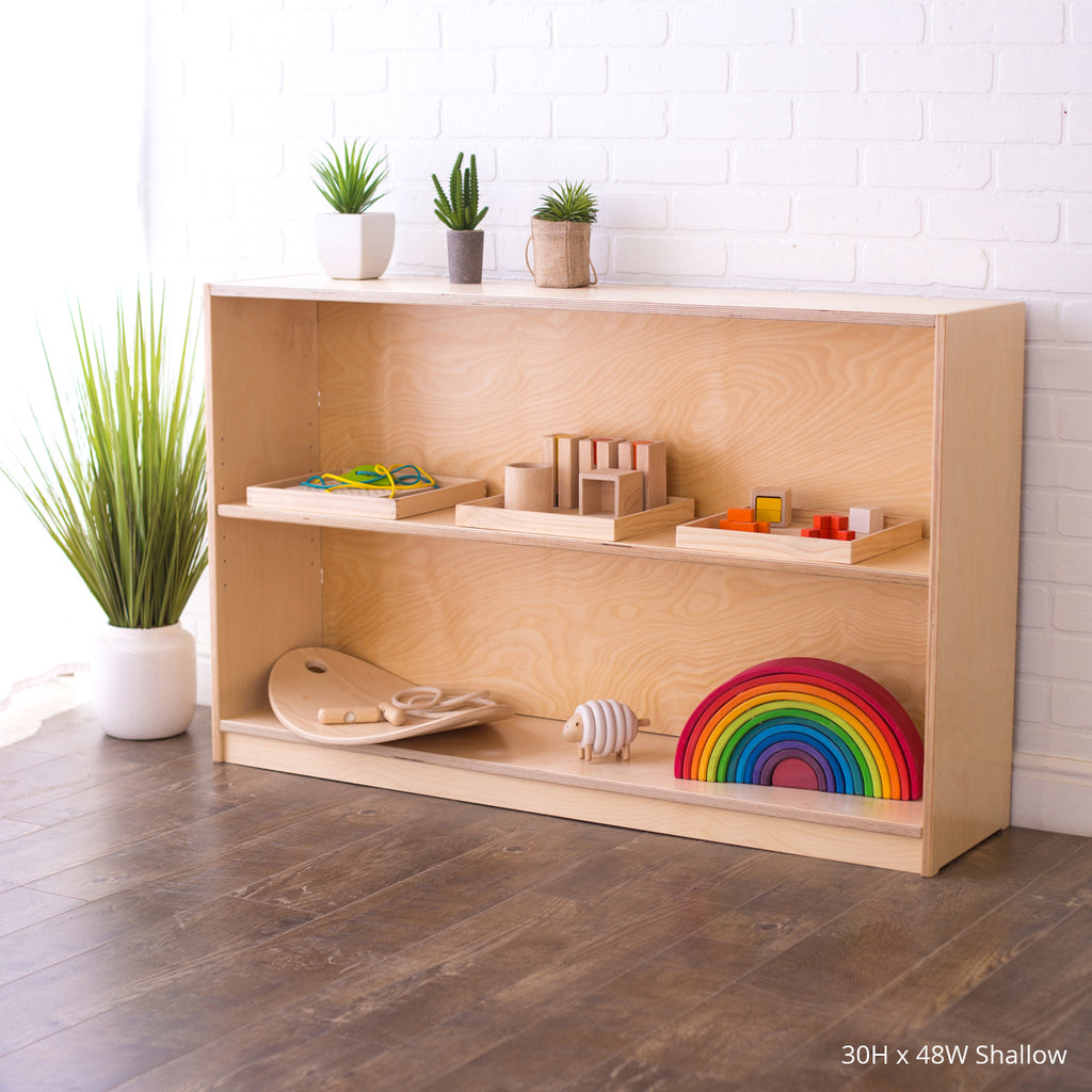 30 inches high 48 inches wide shallow variation of the school montessori full back shelving
