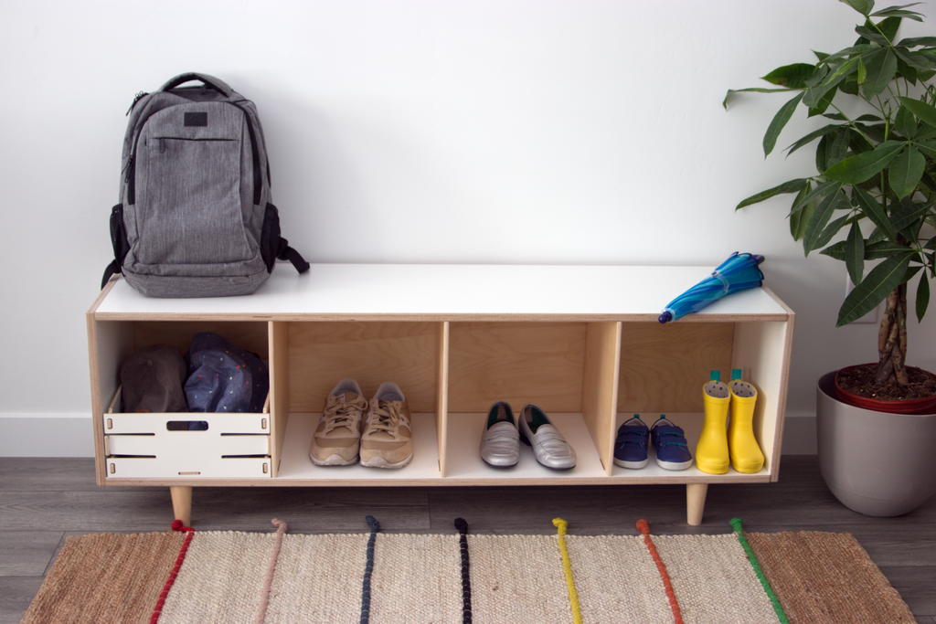 entryway stoage shelf in white for shoe storage