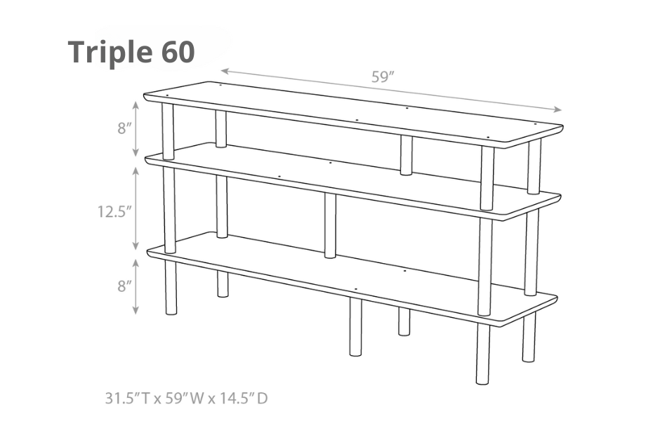 Line drawing showing the dimensions of the Luce Triple 60 wooden shelf 