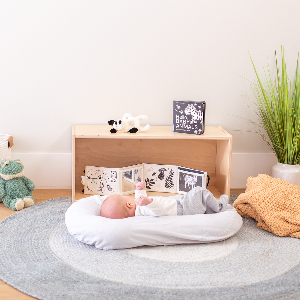 A baby is looking at high contrast photos placed on the infant shelf with a back. 