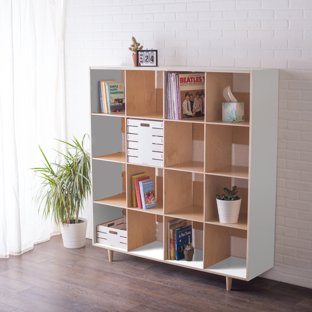 large cube shelf with records and books