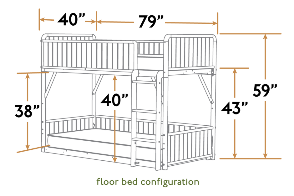Dimensioned line drawings of the Sosta Bunk Bed in the floor bed configuration