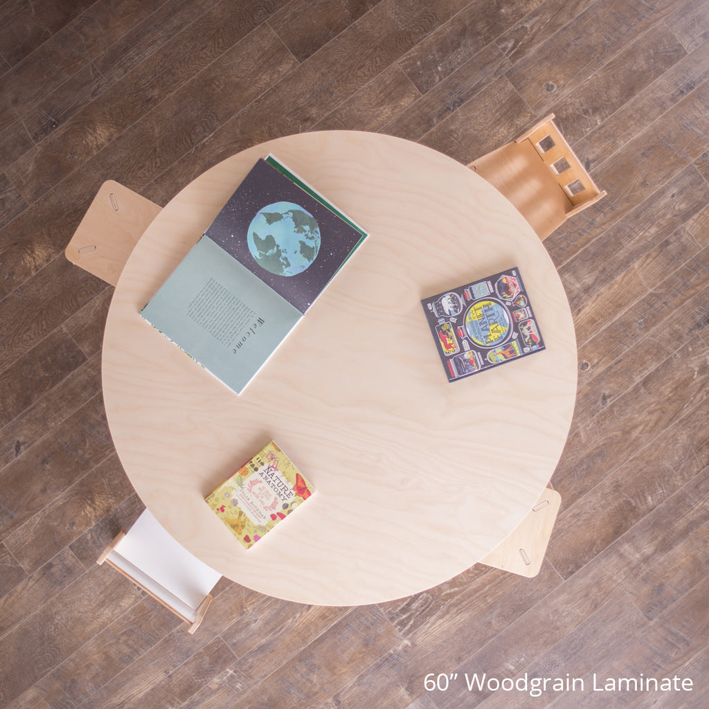 Birds eye view of a 60in round woodgrain laminate table