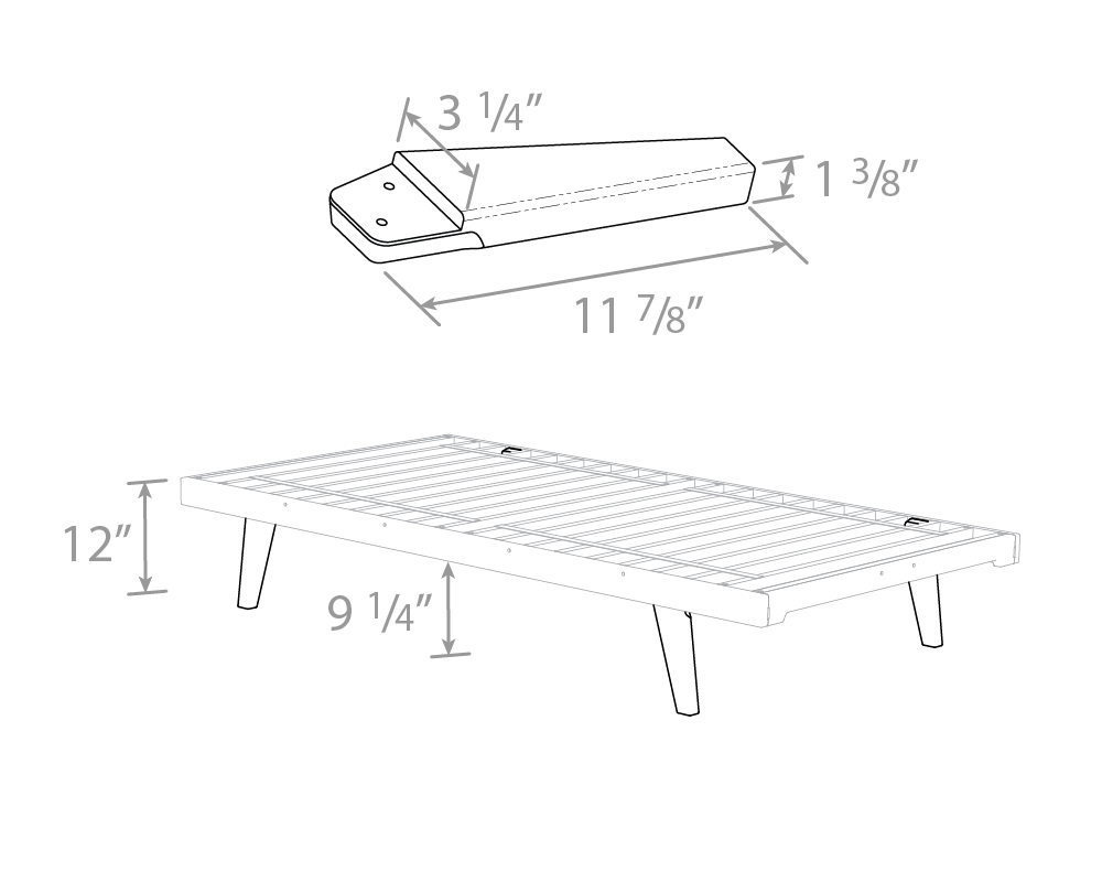 A dimensioned line drawing of the Sosta Bed legs