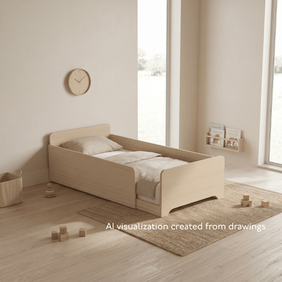 A light natural wood children's bed with built-in side rails, styled in a minimalist, sunlit room with a woven rug, wooden toys, and a wall clock.