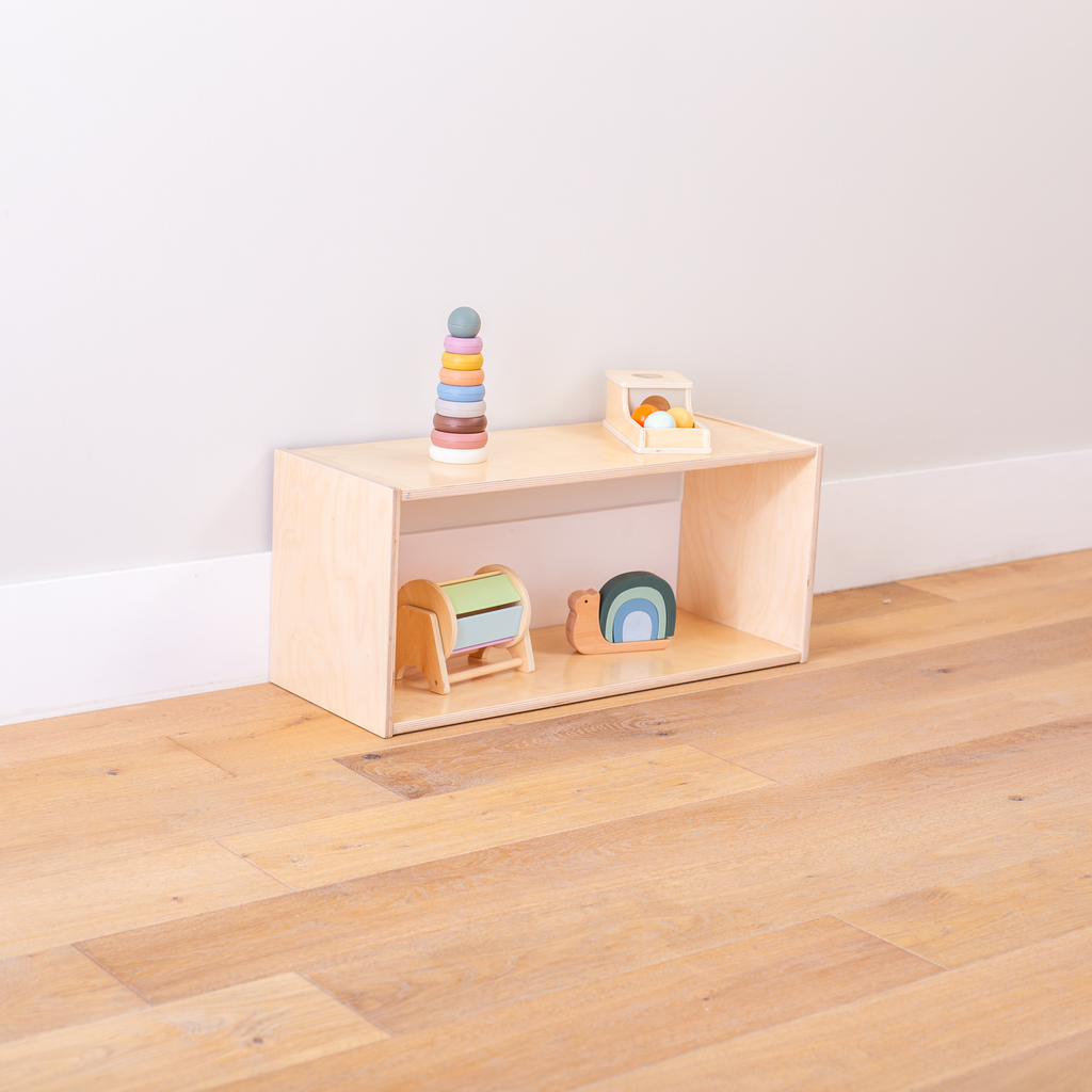 Backless Short Infant Shelf with Toys Angled