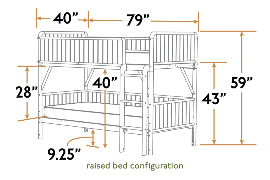 Dimensioned line drawing of the low bunk bed in the raised bed configuration