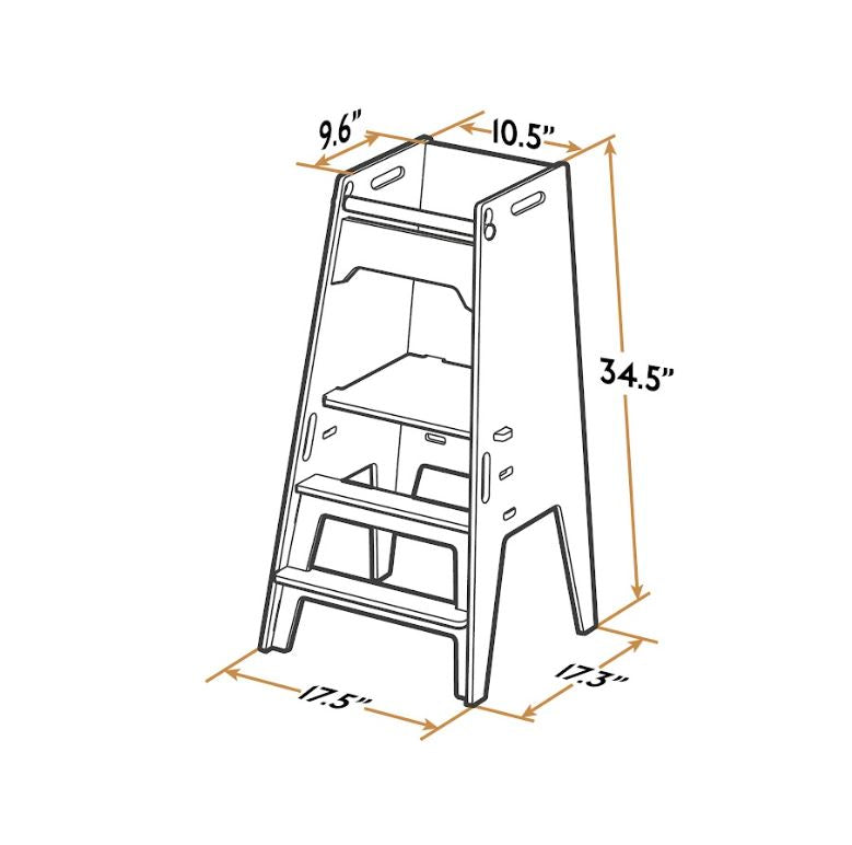 Line drawing showing the measurements of the small footprint of the toddler tower