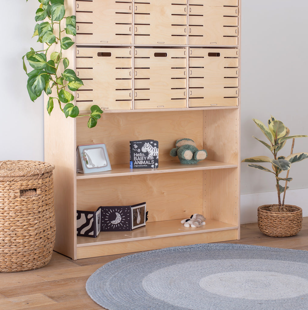 a 3 cube Montessori shelf with the adjustable shelf in the middle