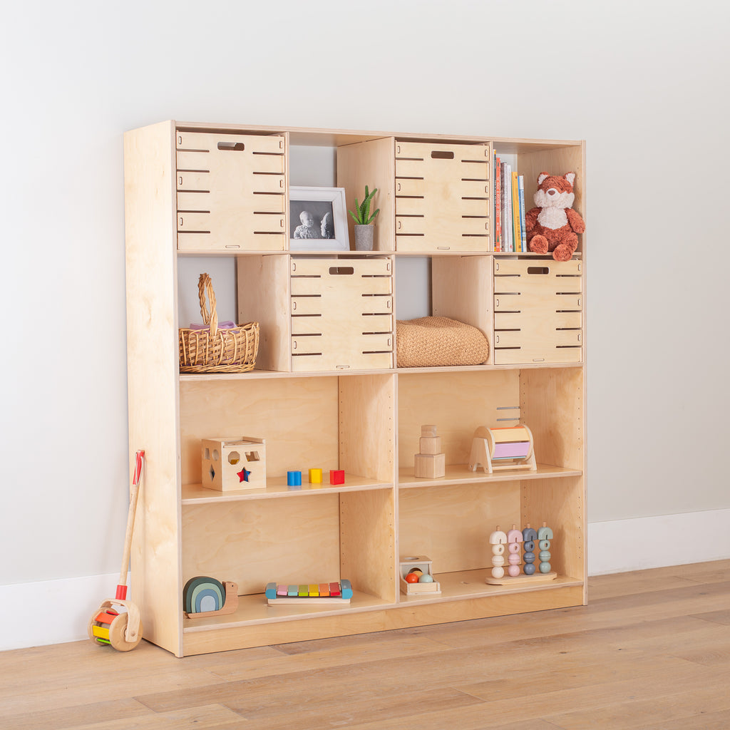 an 8 cube shelf displaying open-ended toys