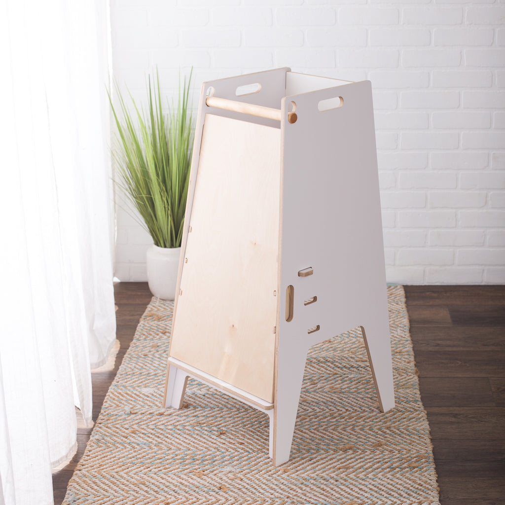 White toddler tower with the birch toddler full plate attachment