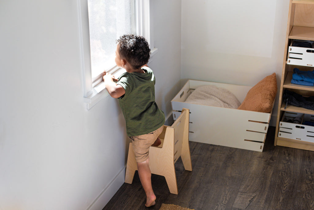 young child looking out a window