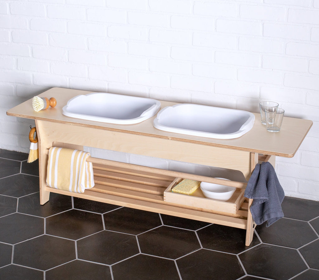 Dish Washing / Sensory Stations Washing Stations Montessori School Finished Birch 16" 2 Tubs - Center / 48 in.