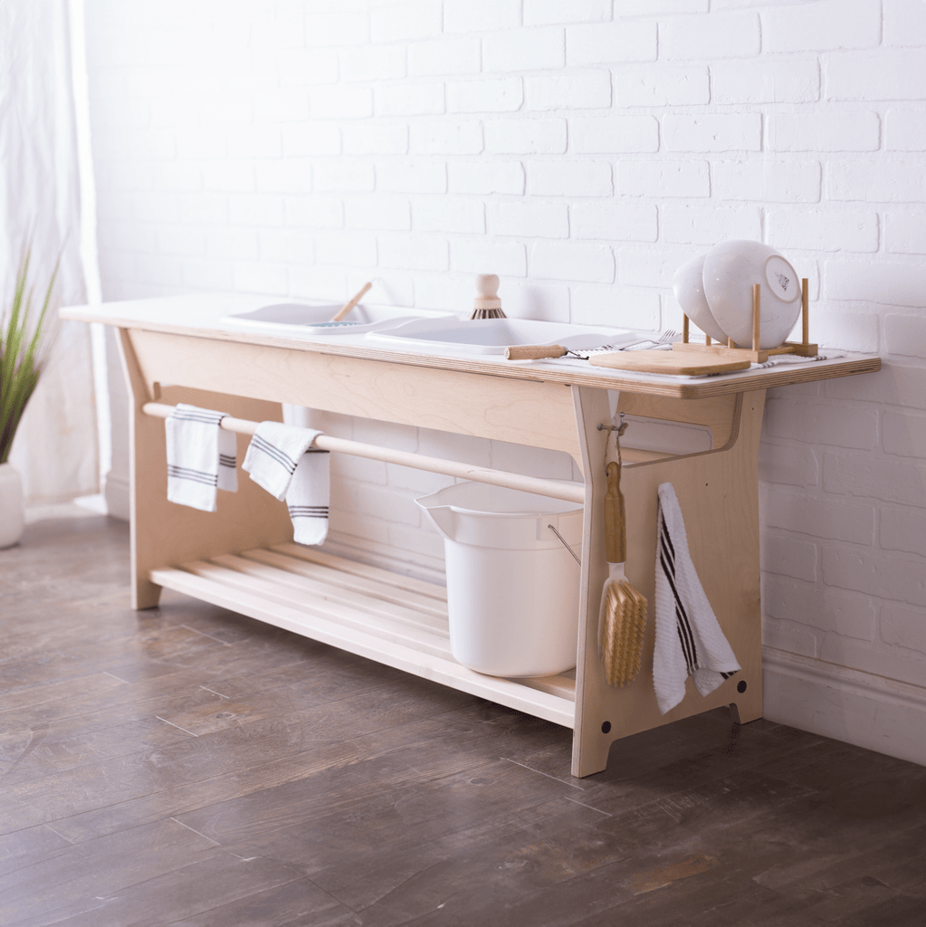 Dish Washing / Sensory Stations Washing Stations Montessori School White & Birch Two-Tone 16" 2 Tubs - Center / 65 in.