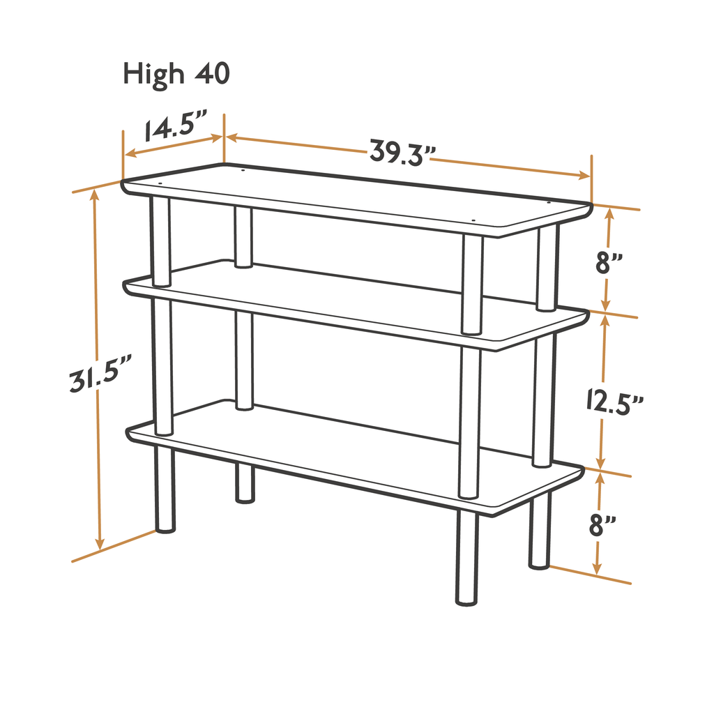 A line drawing of the High 40 Luce shelf with all dimensions