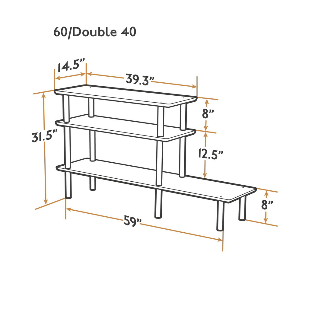 Dimensioned line drawing of the Luce 60/Double 40 shelf