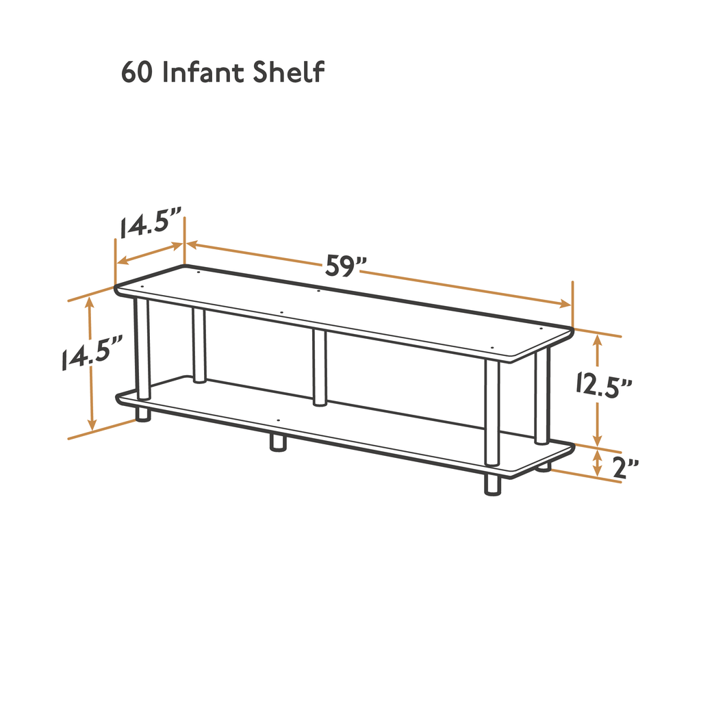 A line drawing with dimensions of the Luce 60 Infant Shelf