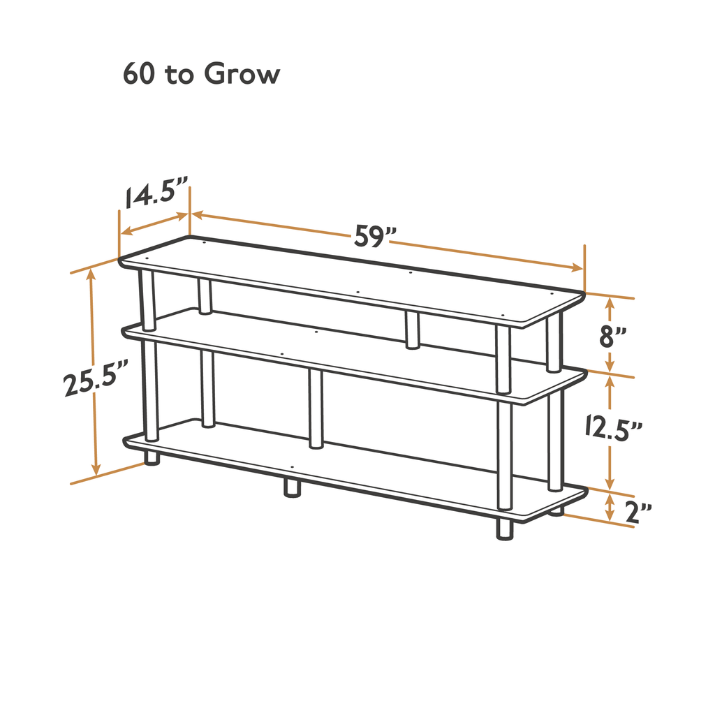 A line drawing of the 60 to Grow Luce shelf with dimensions