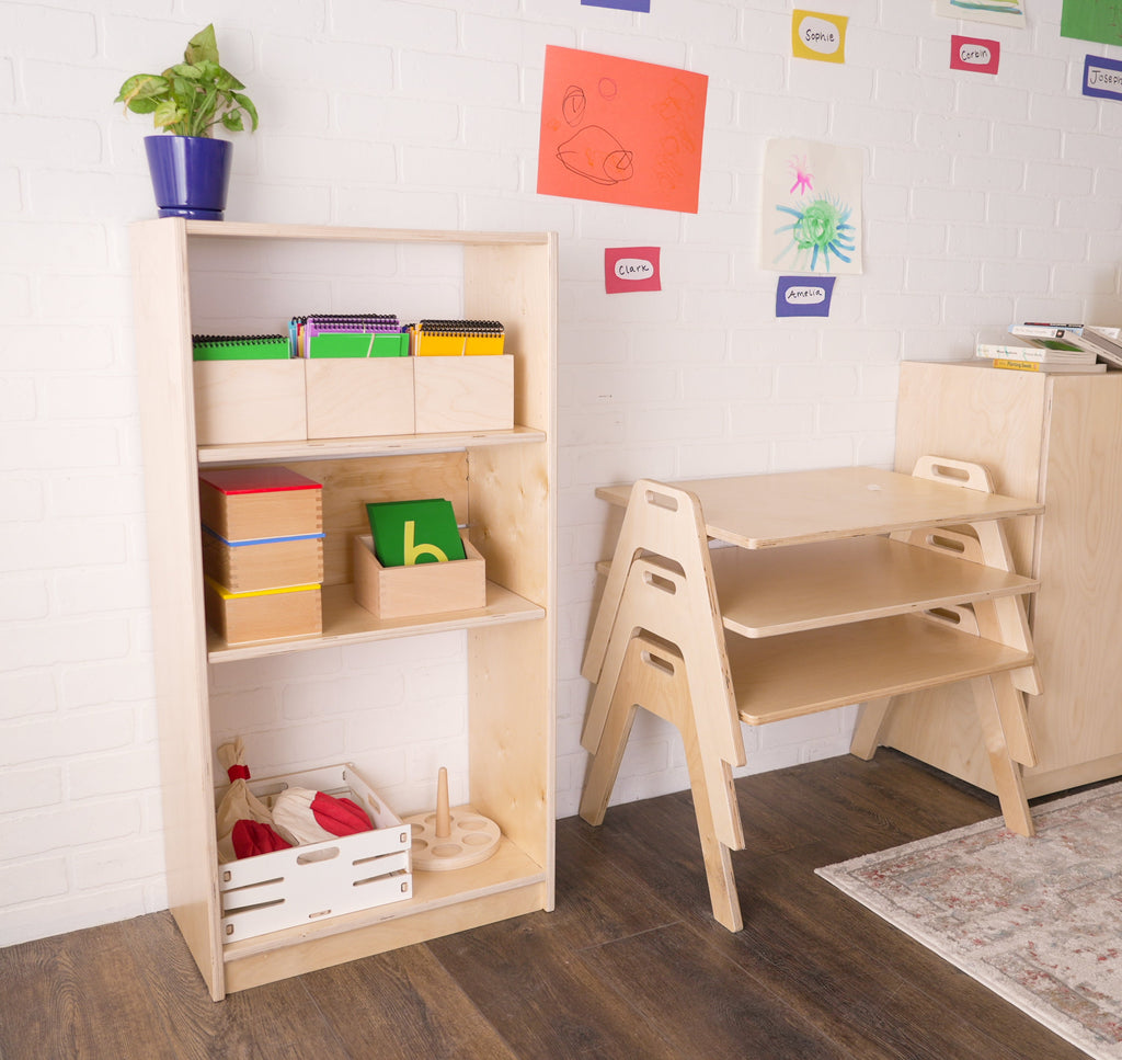 Montessori shelf and stack of 3 Chowki floor tables