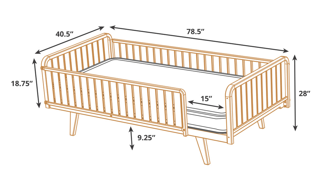 A dimensioned line drawing of the various components of the montessori floor bed 