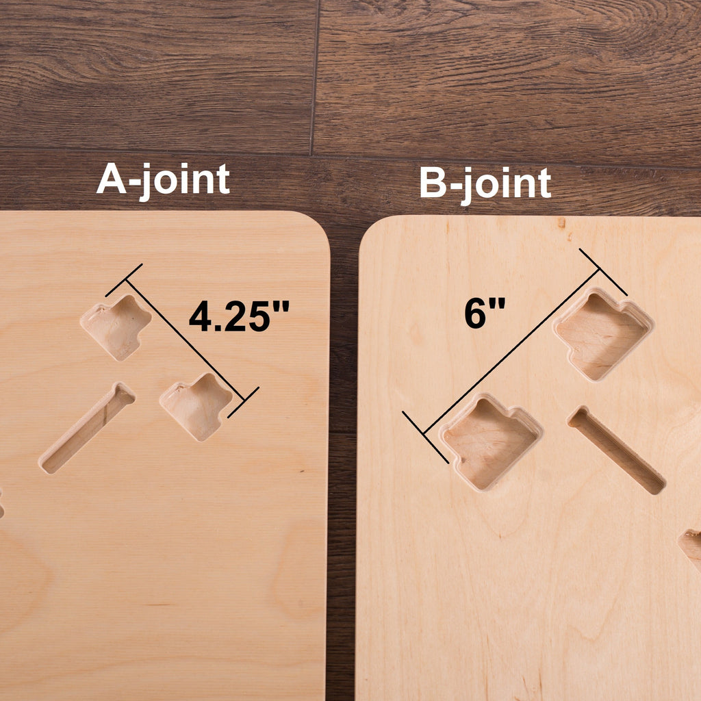 A leg joint table insert is 4.25in wide vs B leg joint table insert is 6in wide.