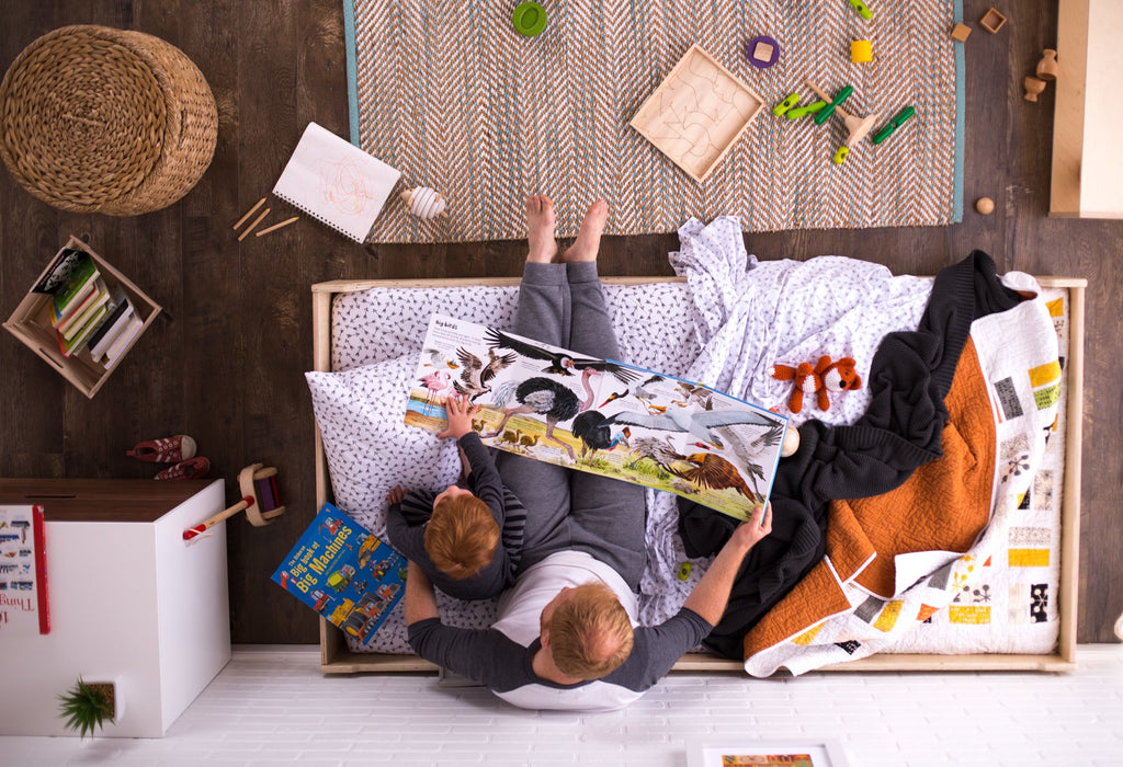 Aerial view of a dad and toddler reading together in a floor bed 