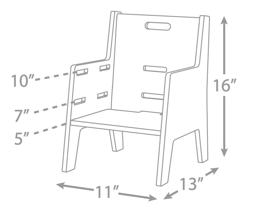 Kids chair drawing (16" tall, 11" by 13", with seat height options of 10", 7" and 5"