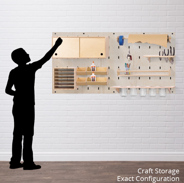 Makerwall for craft storage displayed horizontally with a man drawn in for scale 