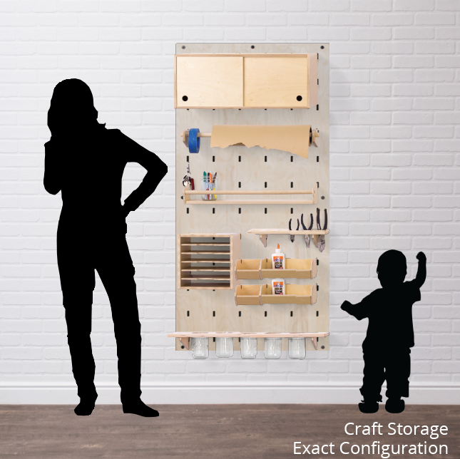 Craft storage with a woman and toddler drawn in for scale