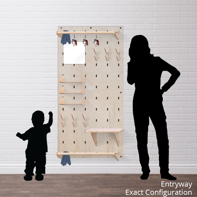 Large entryway Makerwall with a child and woman drawn in for scale