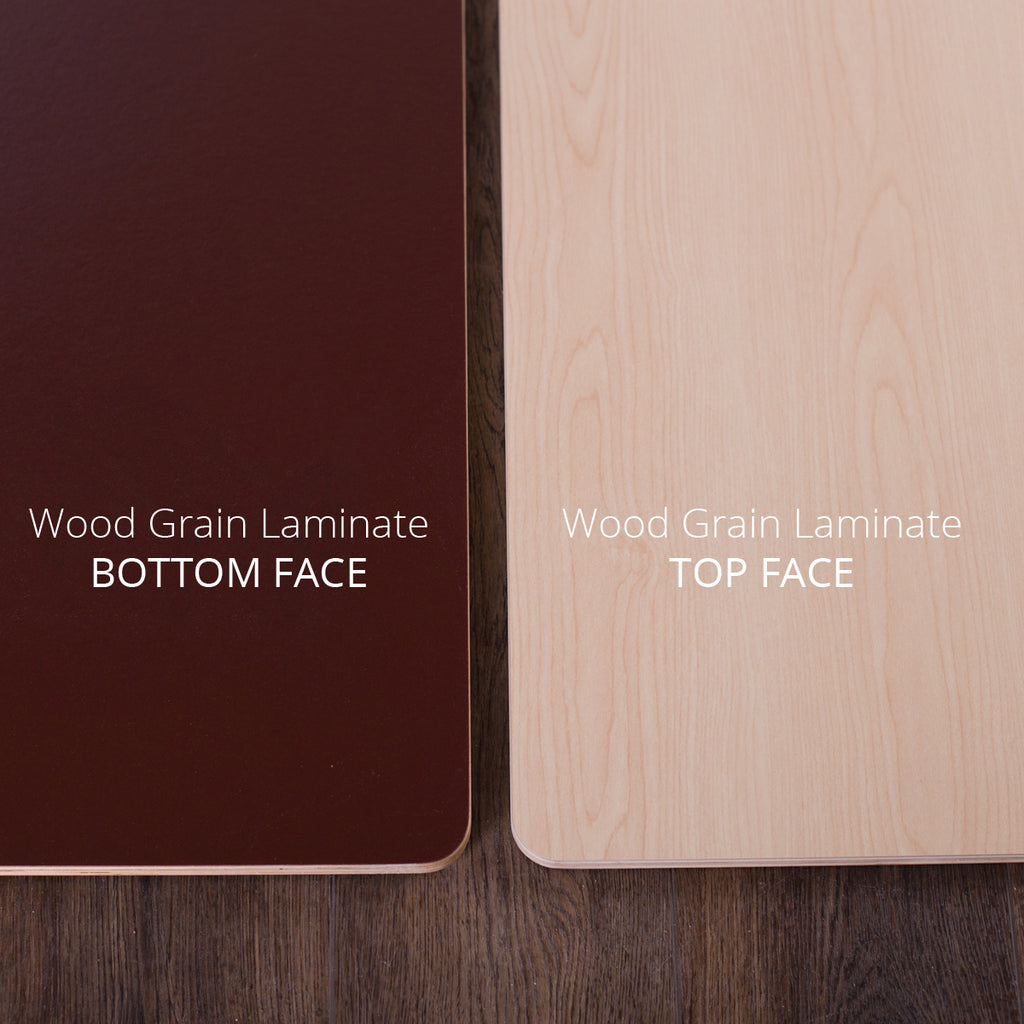 Woodgrain Laminate material close up. Bottom face on the left (dark brown) and top face on the right (woodgrain).