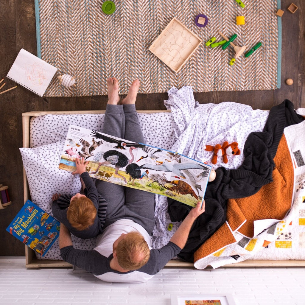 Father and Son reading on Toddler Floor Bed