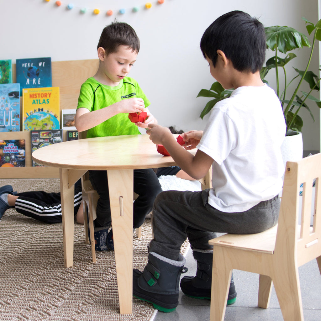 Two boys playing at a round table in a prepared learning environment.
